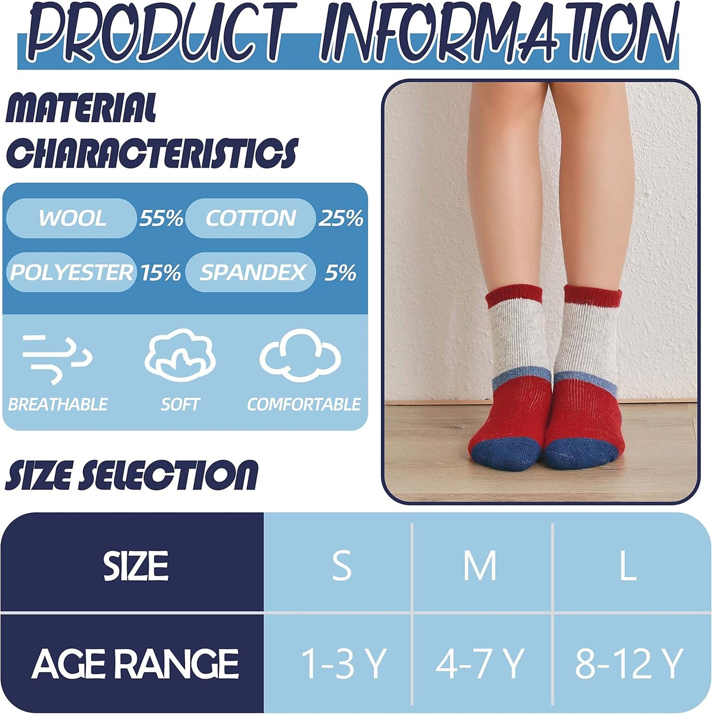 Kids Merino Wool Socks for Toddlers Boys Girls Warm Thermal Winter Thick Hiking Heavy Cozy Crew Boot Socks 6 Pairs