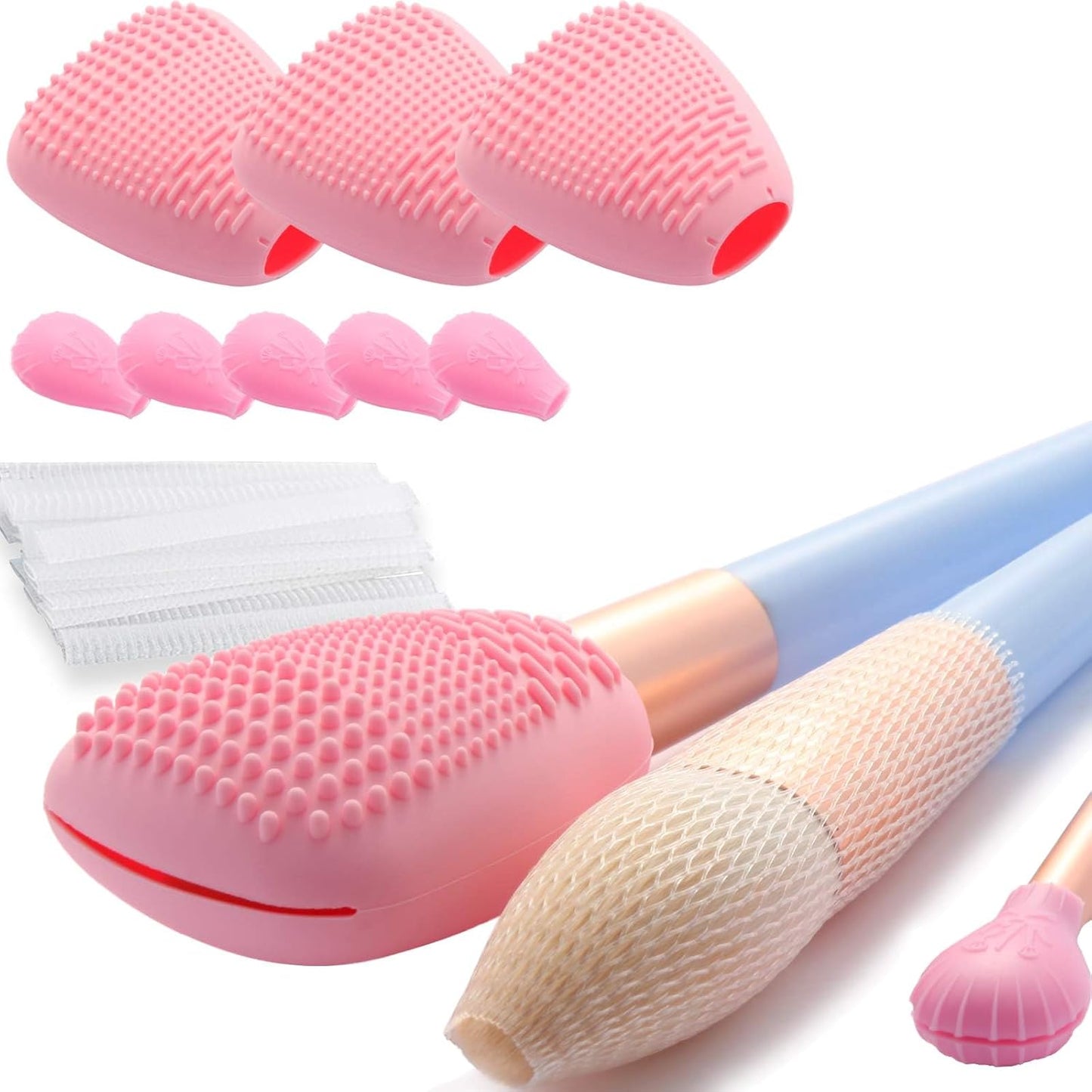 Silicone Travel Make-up Brh Holder with Cleaner Mat Pad, Organizer Case Covers for Foundation Eye Lip Brhes Storage Cleaning, Gift for Women Girl-friend Mother Wife, 3-Pcs Large + 5 Small, Pink