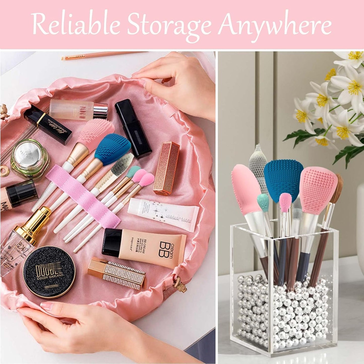 Silicone Travel Make-up Brh Holder with Cleaner Mat Pad, Organizer Case Covers for Foundation Eye Lip Brhes Storage Cleaning, Gift for Women Girl-friend Mother Wife, 3-Pcs Large + 5 Small, Pink
