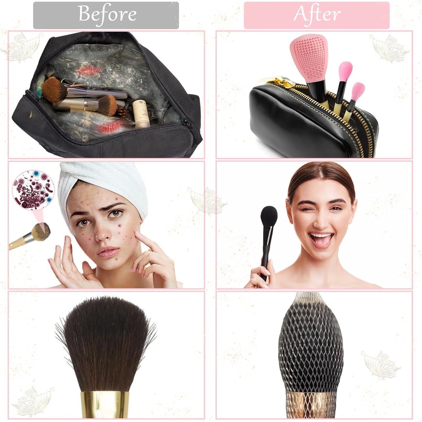 Silicone Travel Make-up Brh Holder with Cleaner Mat Pad, Organizer Case Covers for Foundation Eye Lip Brhes Storage Cleaning, Gift for Women Girl-friend Mother Wife, 3-Pcs Large + 5 Small, Pink