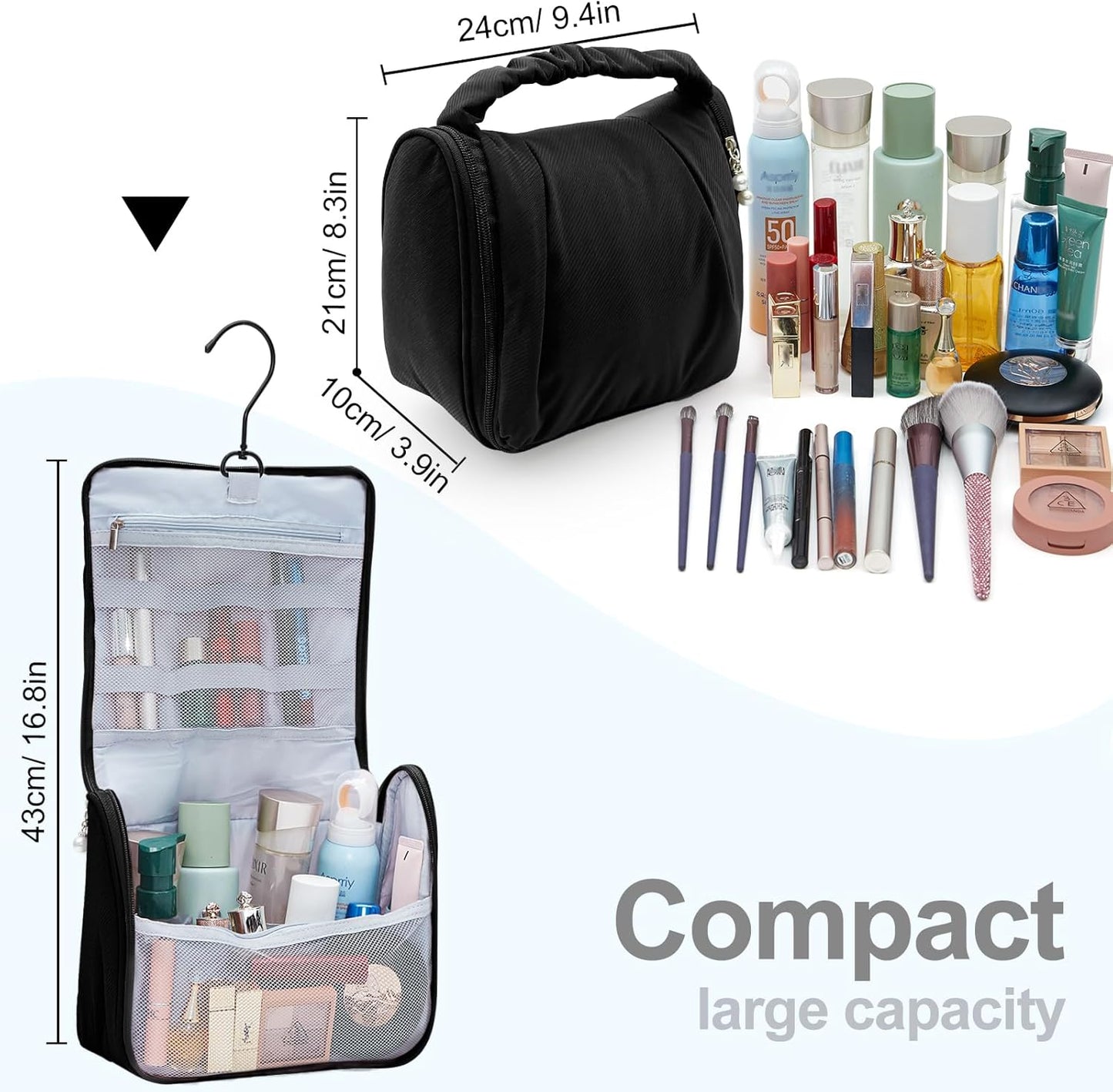 Cute Hanging Travel Toiletry Bag for Women, Small Ruched Make-up Bag Cosmetic Hand-bag, Carry-On Storage Organizer Pouch with Handles Pearl Zipper for Travel Essentials Skin-Care Accessories, Black