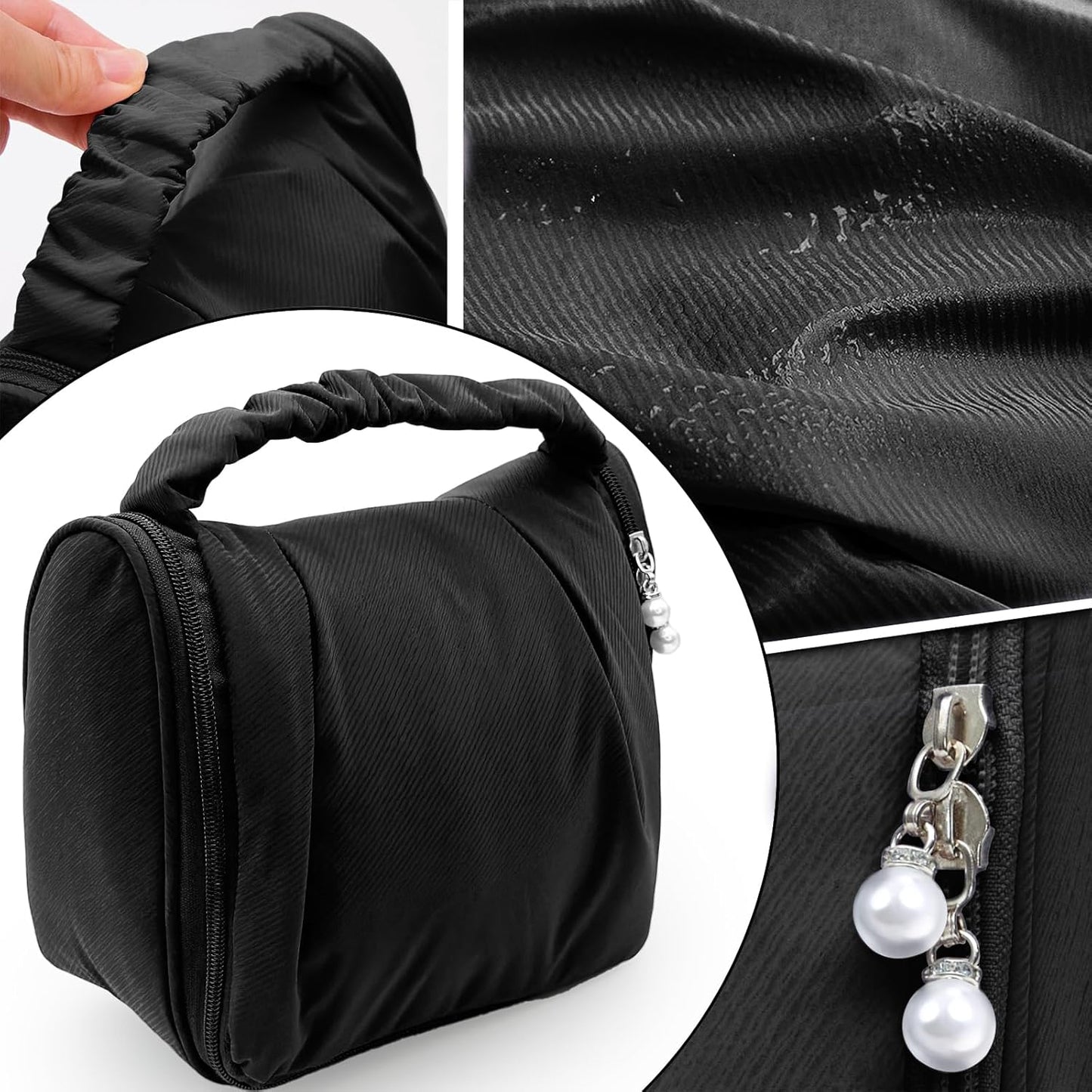Cute Hanging Travel Toiletry Bag for Women, Small Ruched Make-up Bag Cosmetic Hand-bag, Carry-On Storage Organizer Pouch with Handles Pearl Zipper for Travel Essentials Skin-Care Accessories, Black