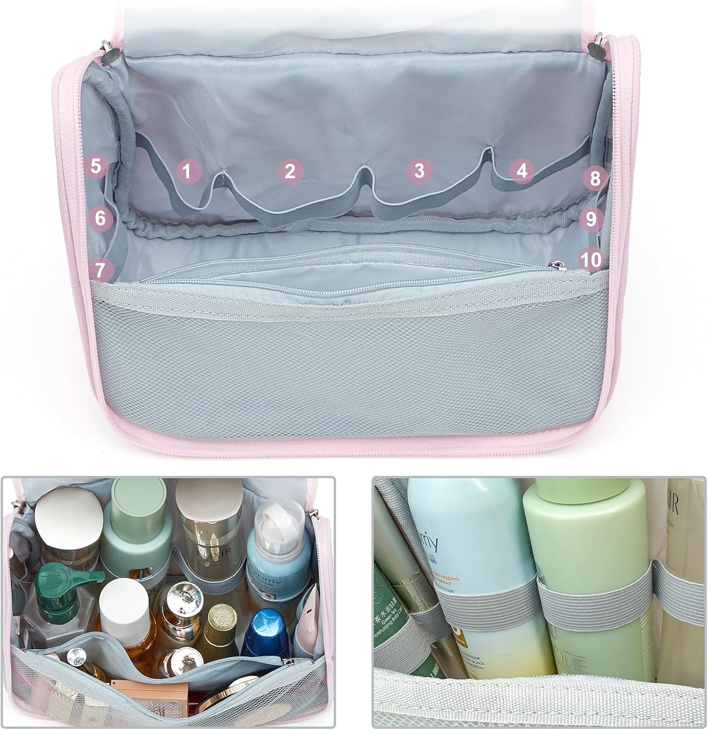 Cute Hanging Travel Toiletry Bag for Women, Small Ruched Make-up Bag Cosmetic Hand-bag, Carry-On Storage Organizer Pouch with Handles Pearl Zipper for Travel Essentials Skin-Care Accessories, Black