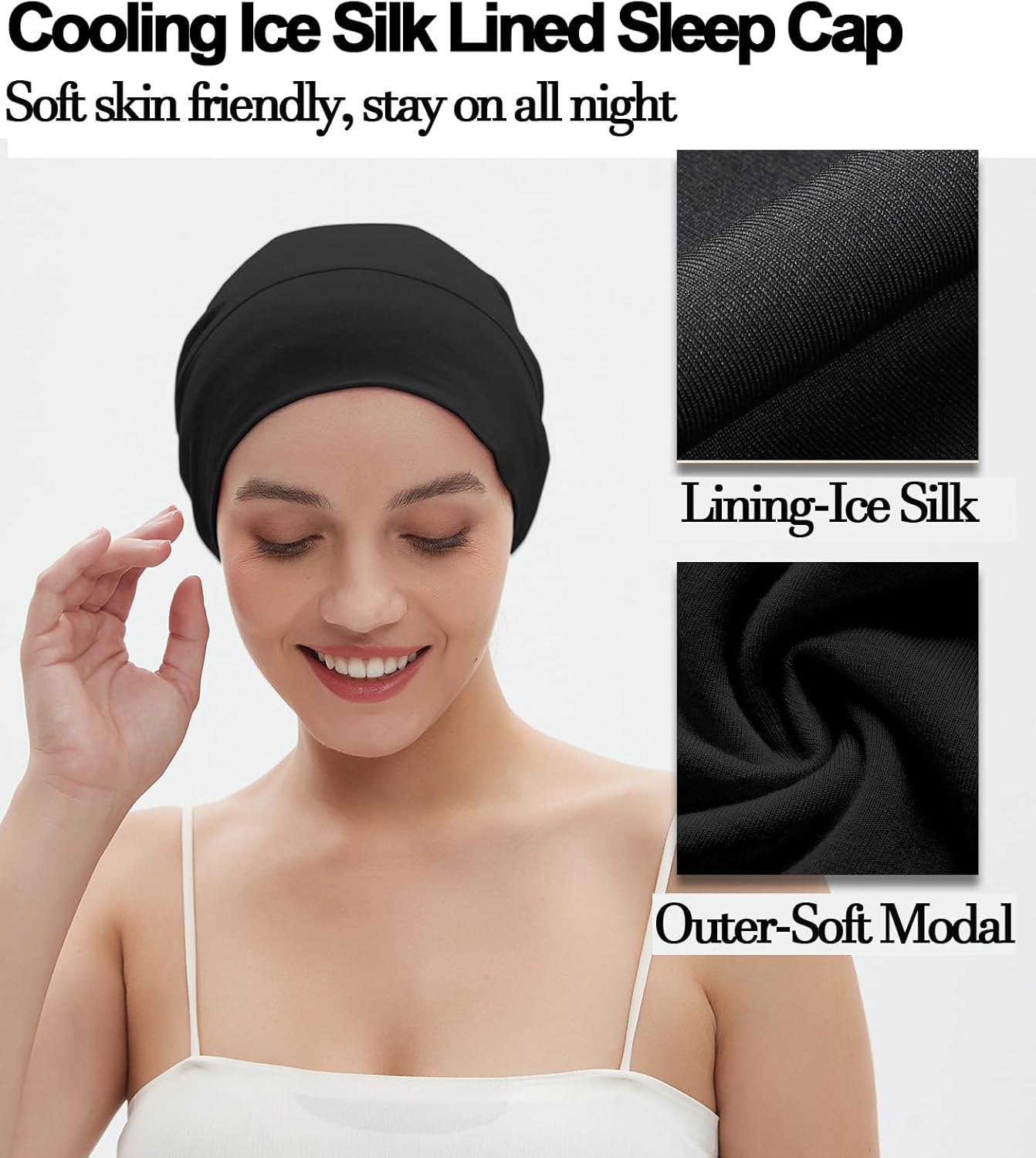 Sleep Cap Bonnet for Sleeping Black Women, Adjtable Cooling Ice Silk Lined Bonnet for Curly Braids Hair Cover Beanie Hat