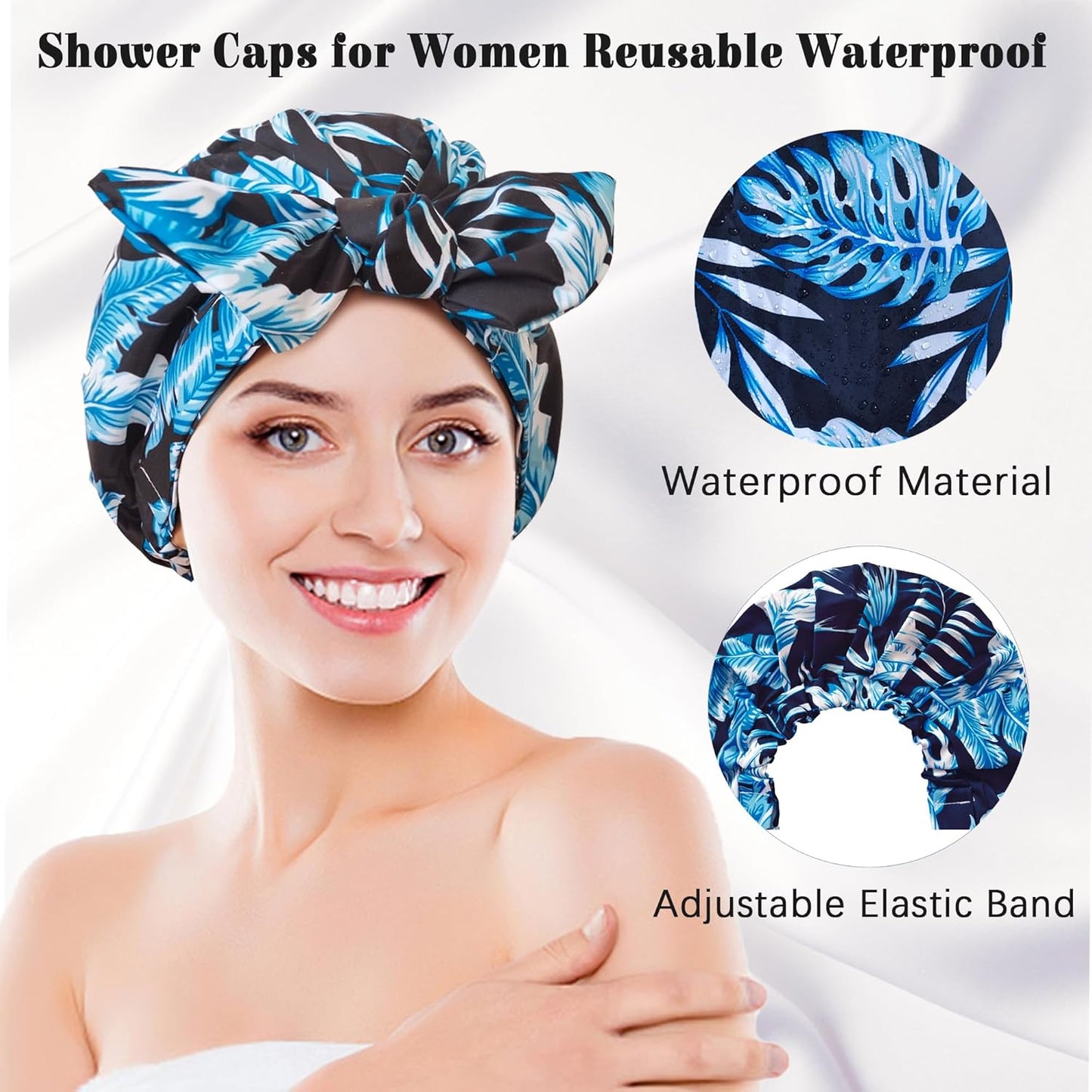 Luxury Shower Cap for Women, Shower Caps for Women Reable Waterproof, Hair Cap for Shower, Large Adjtable Bowknot Bath Cap for Long Hair Braids
