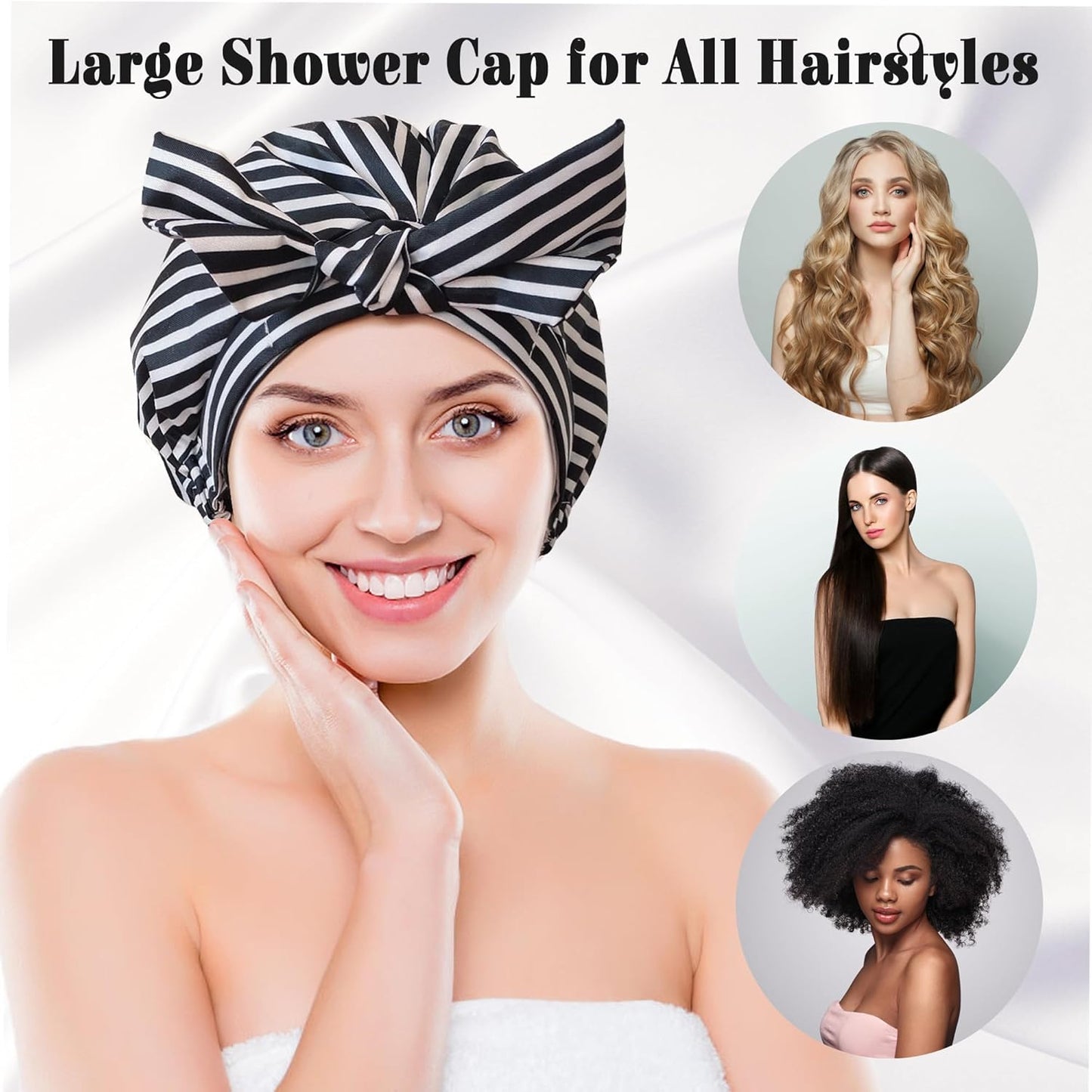 Luxury Shower Cap for Women, Shower Caps for Women Reable Waterproof, Hair Cap for Shower, Large Adjtable Bowknot Bath Cap for Long Hair Braids