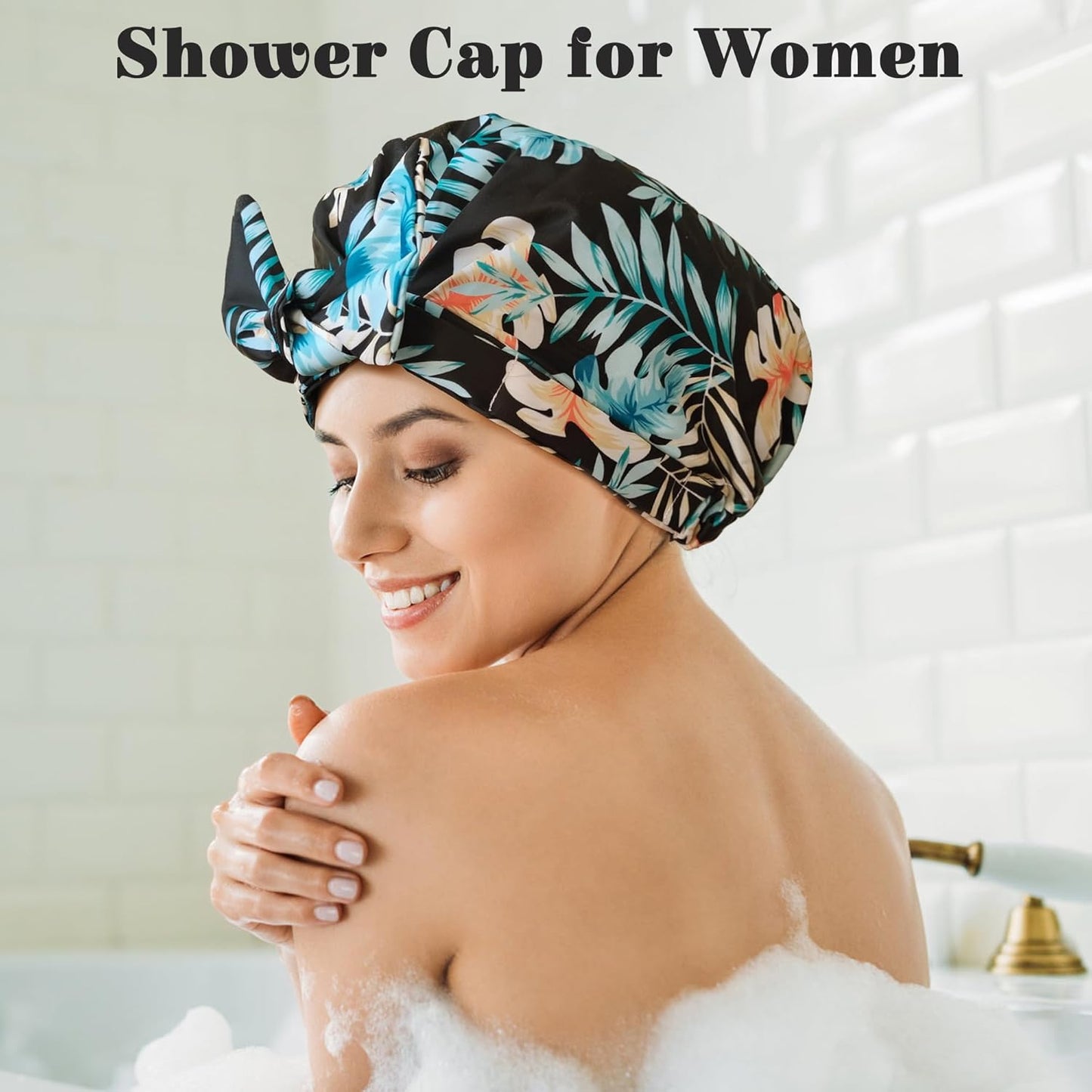 Luxury Shower Cap for Women, Shower Caps for Women Reable Waterproof, Hair Cap for Shower, Large Adjtable Bowknot Bath Cap for Long Hair Braids