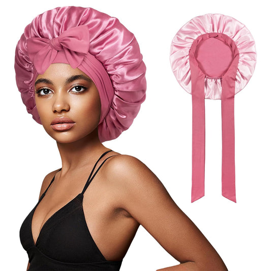 Bonnet with Tie Band, Hair Care Satin Silk Bonnet for Sleeping Women, Silky Sleep Bonnets for Women, Reversible Double Layer Sleep Cap for Curly Hair Braids