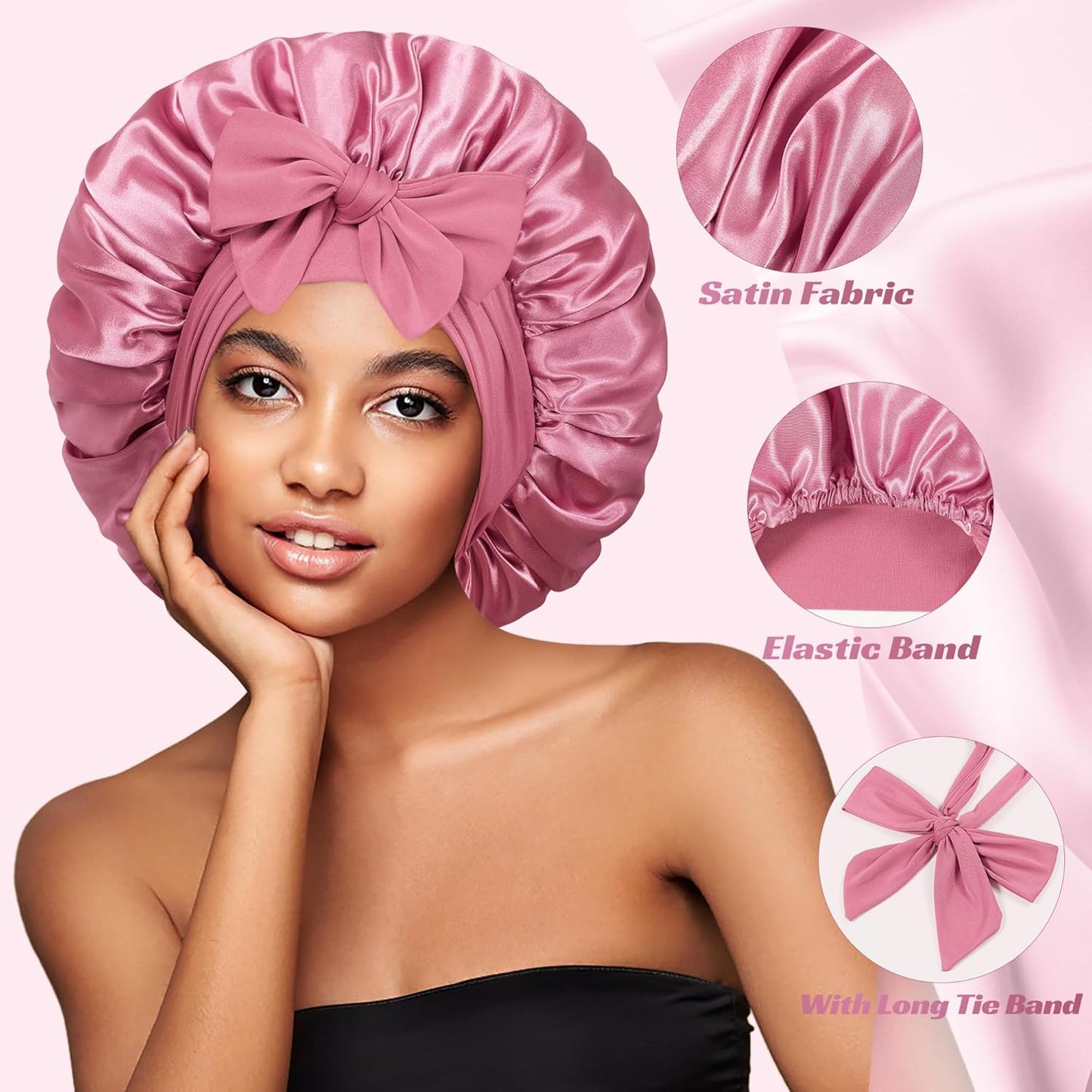 Bonnet with Tie Band, Hair Care Satin Silk Bonnet for Sleeping Women, Silky Sleep Bonnets for Women, Reversible Double Layer Sleep Cap for Curly Hair Braids