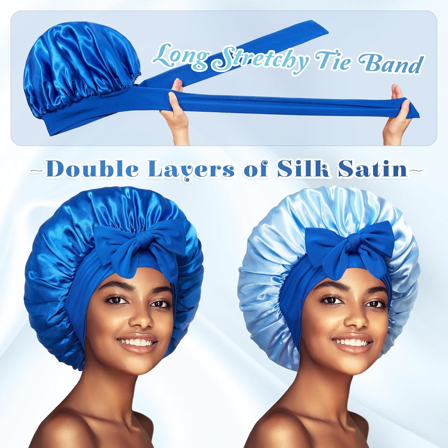 Bonnet with Tie Band, Hair Care Satin Silk Bonnet for Sleeping Women, Silky Sleep Bonnets for Women, Reversible Double Layer Sleep Cap for Curly Hair Braids