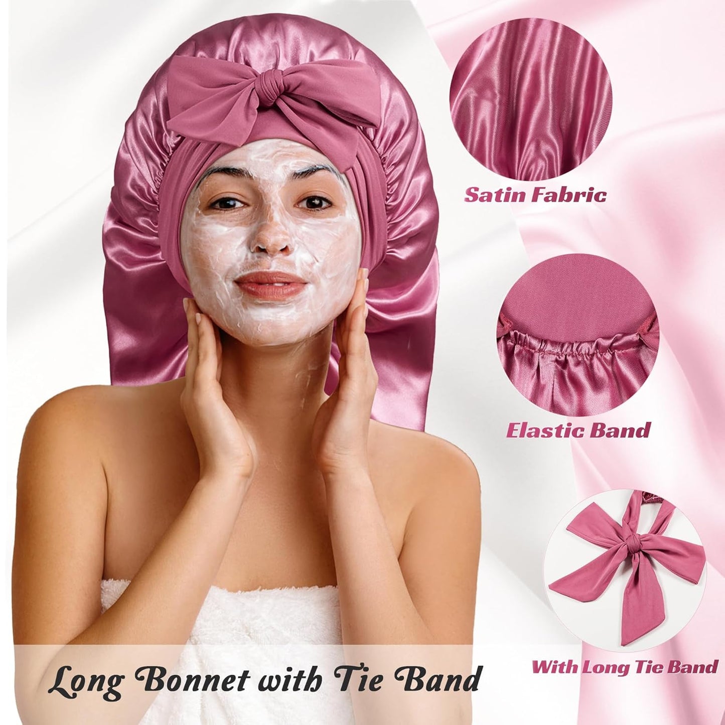 Long Bonnet with Tie Band, Satin Hair Silk Bonnet for Sleeping Women, Sleep Bonnets for Women, Double Layer Silky Sleep Cap for Curly Hair Braids