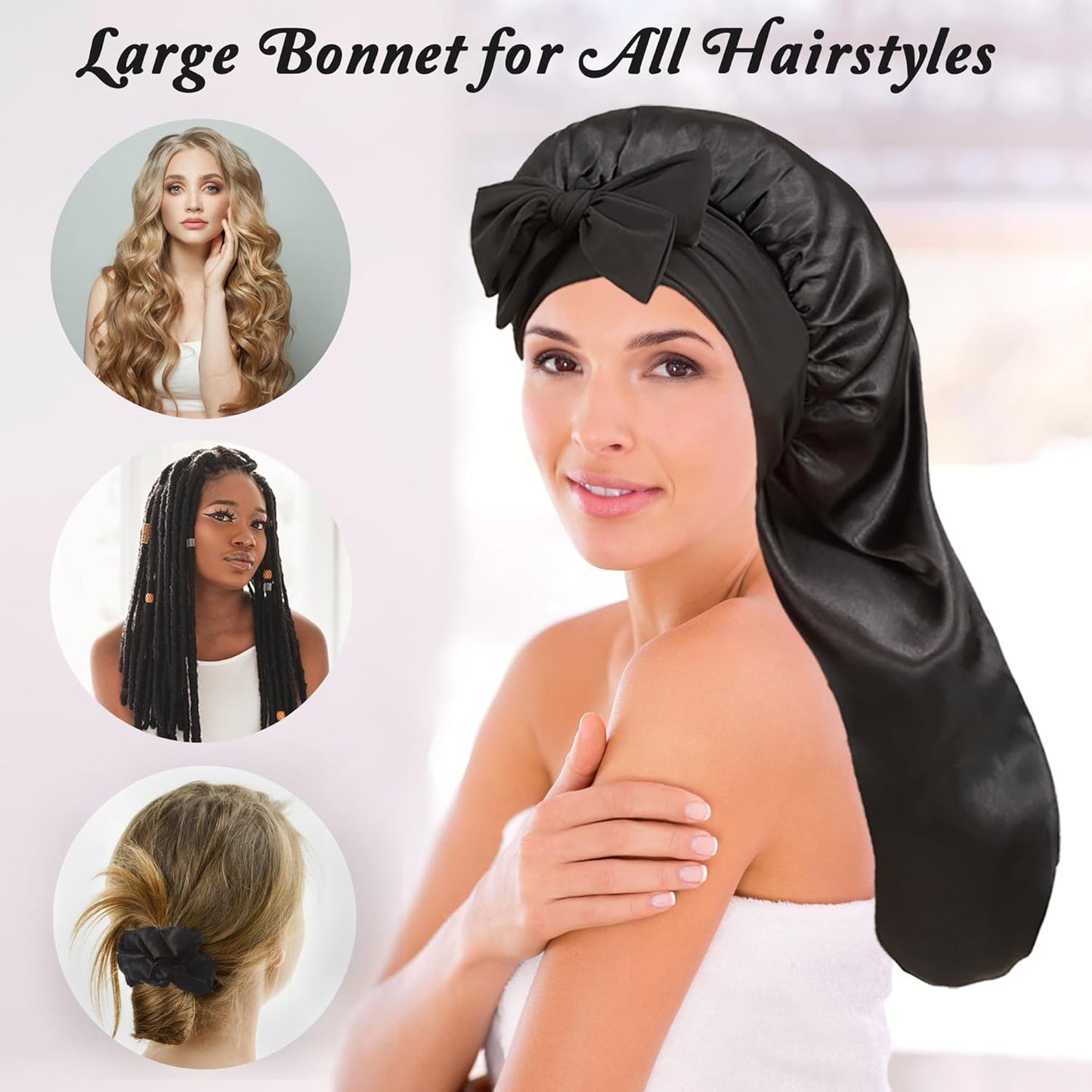 Long Bonnet with Tie Band, Satin Hair Silk Bonnet for Sleeping Women, Sleep Bonnets for Women, Double Layer Silky Sleep Cap for Curly Hair Braids