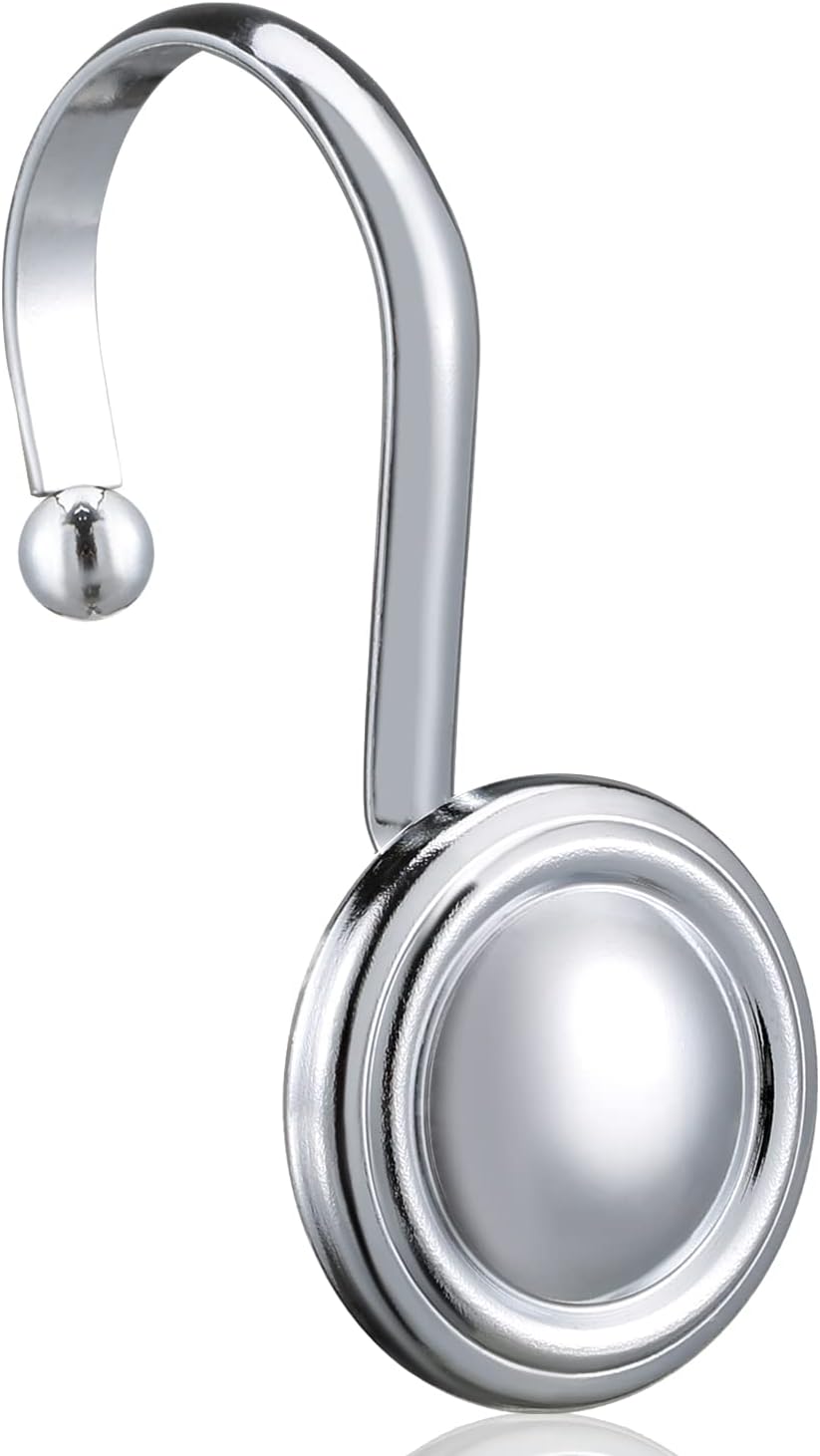 Silver Shower Curtain Hooks,  Chrome Decorative Shower Curtain Hooks for Bathroom, Rt Proof Shower Curtain Rings Hangers for Shower Curtain Rod,Set of 12 Metal Glossy Round Design
