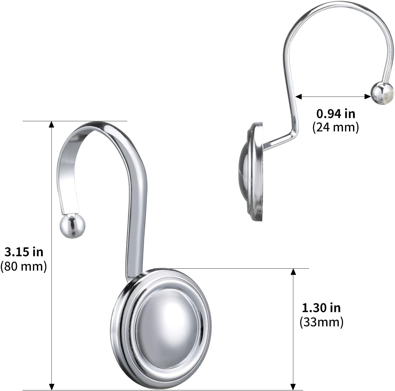 Silver Shower Curtain Hooks,  Chrome Decorative Shower Curtain Hooks for Bathroom, Rt Proof Shower Curtain Rings Hangers for Shower Curtain Rod,Set of 12 Metal Glossy Round Design