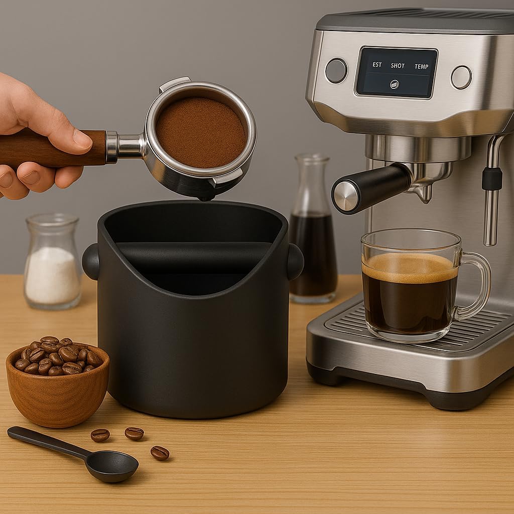 Coffee Knock Box, 4.6 in, Barista Style Espresso Grounds Knock Box, Removable Plastic Knock Rod, Non-Slip Base, Espresso Maker Accessory (Black)