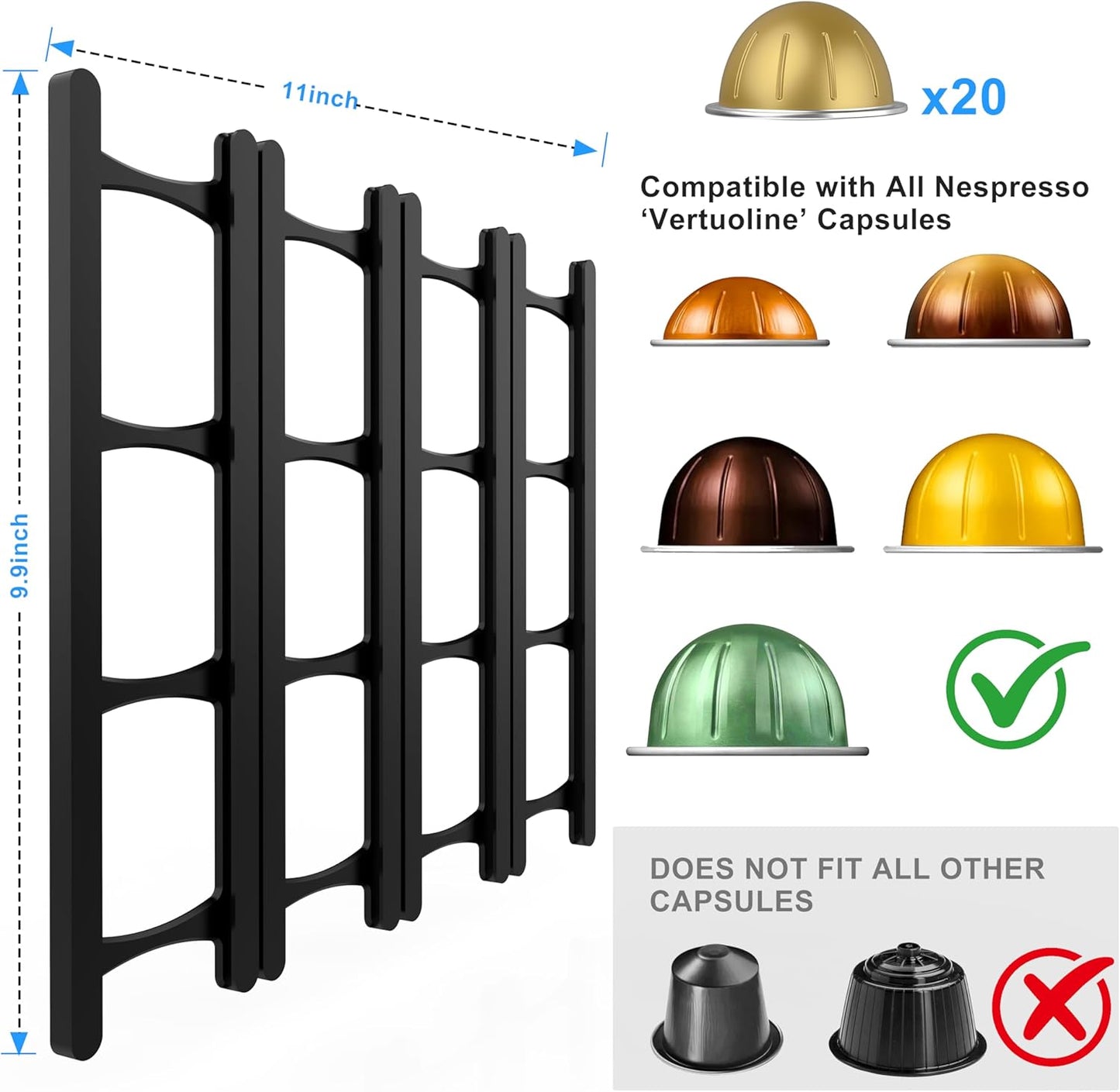 Coffee Pod Holder Compatible with Nespresso VertuoLine Capsules – 20-Pod Space-Saving Organizer for Wall, Cabinet, or Under-Counter Mount, Black