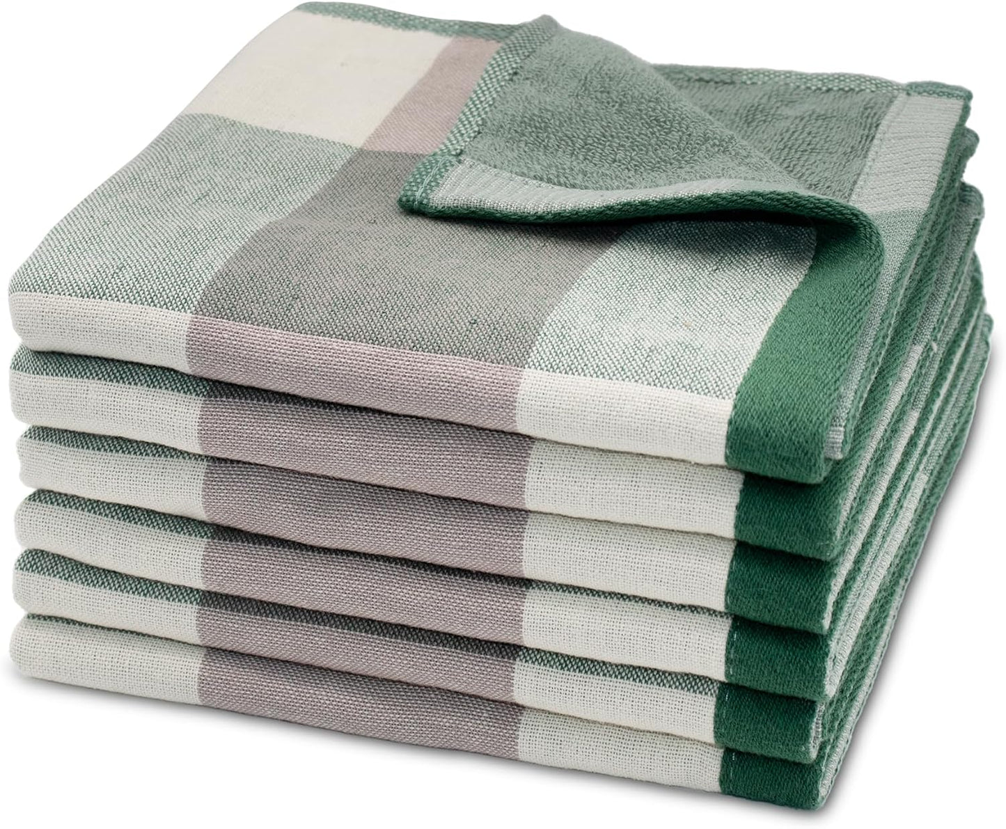 6 Pack 100% Cotton Washcloths, Dual-Sided Design (Terry + Gauze) Facecloths, 13x13 Inch Ginghqm Washrags, Soft & Skin-Friendly, for Bathroom, Kitchen & Hoehold (Green, 13x13 Inches)