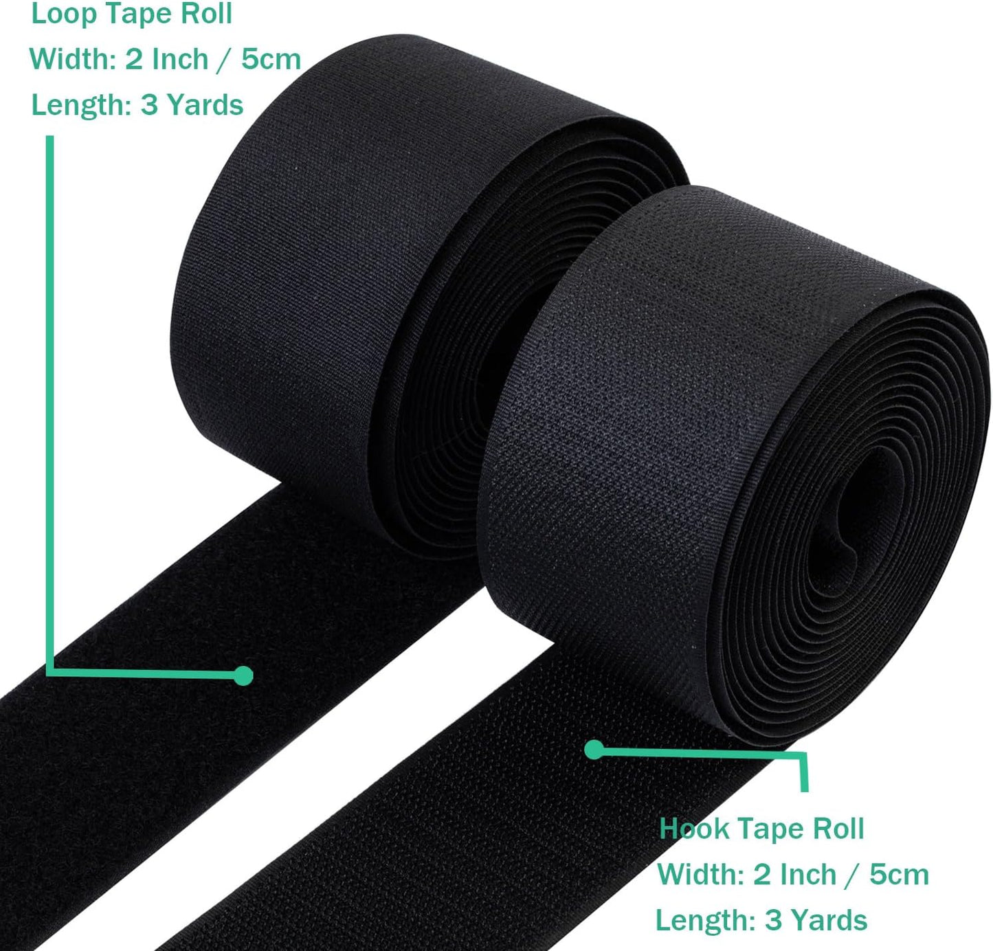 2 Inch Sew on Hook and Loop Strips | Easy to Sew | Excellent Grip | Non-Adhesive Back Nylon Fabric Fastener Strips for Clothing Sewing Crafts and DIY Projects, Black, 2in x 3yd