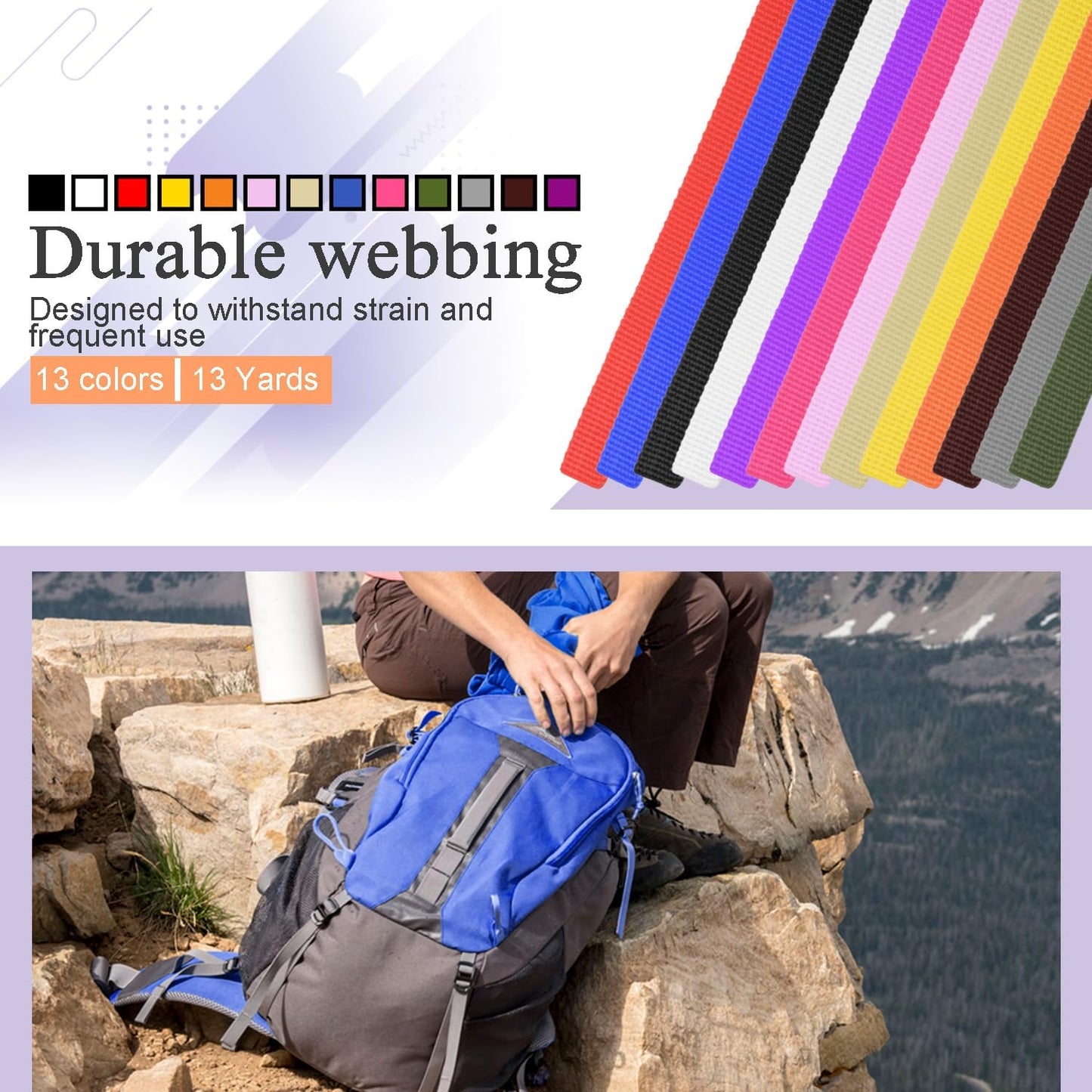 CooBigo 13 Rolls Webbing Strap 3/8 Inch 3/4 Inch 1 Inch 1.5 Inch 2 Inch Polyester Webbing 13 Colors &13 Yards 3/8" 3/4" 1" 1.5" 2" Webbing Strapping for Bags/Lawn Chair DIY Crafting