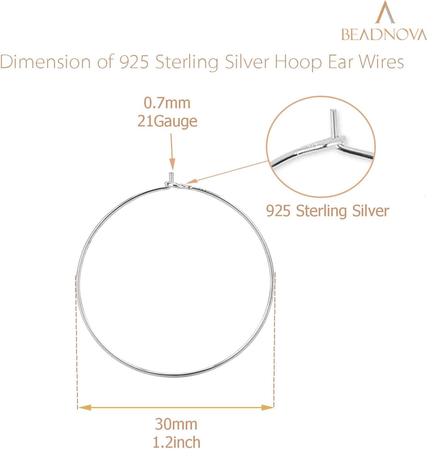 925 Sterling Silver Hoop Ear Wires Hoop Earrings Wires Earwires for Jewelry Making Earrings Making DIY (2pcs, 30mm)