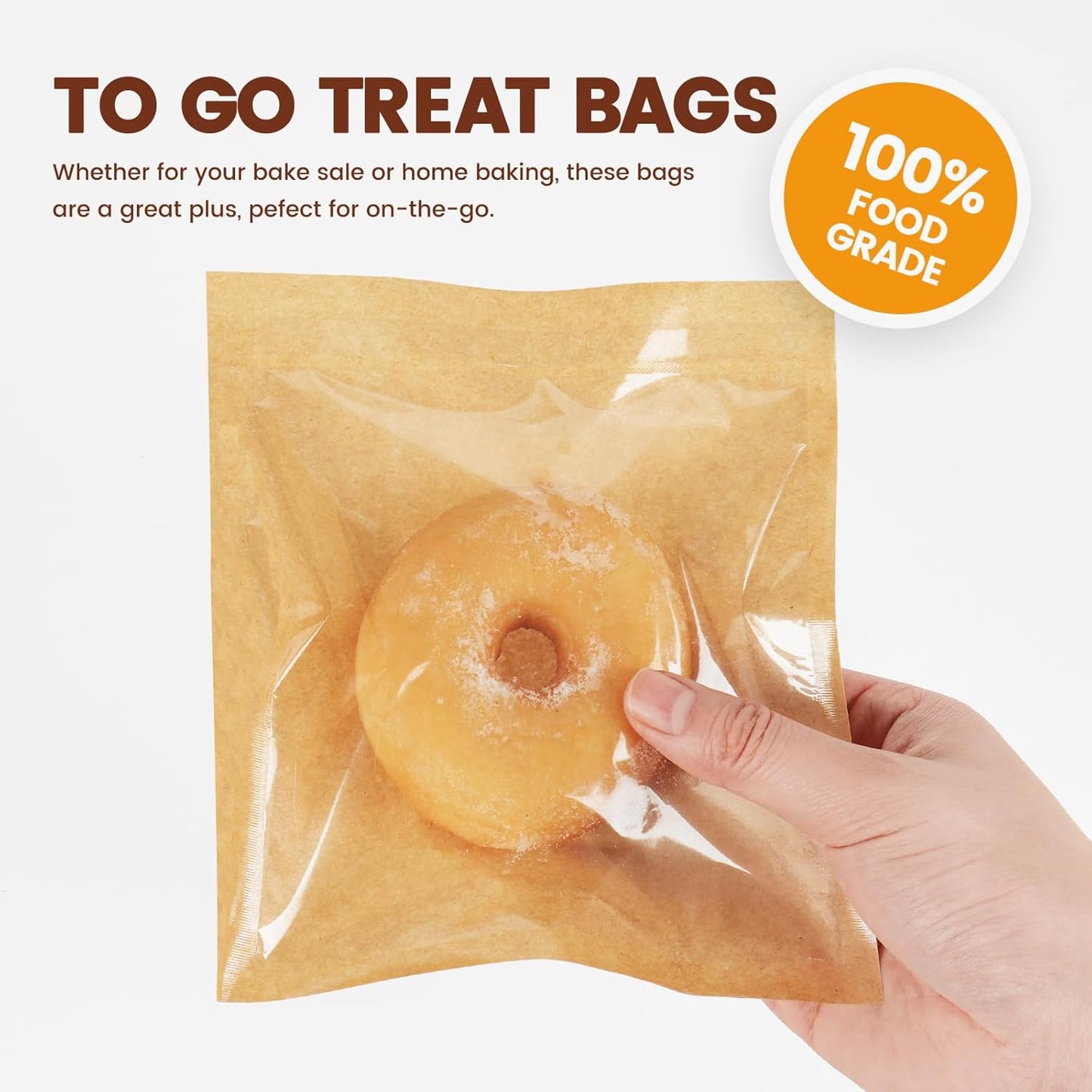 100 Pack Cookie Packaging Bags with Seal, 5.7x6.5 Inch Paper Bakery Bags with Window, Heat Sealable & Grease Resistant To Go Bake Sale Sleeves for Treat, Donut, Cake Slice, Scone, Brownie