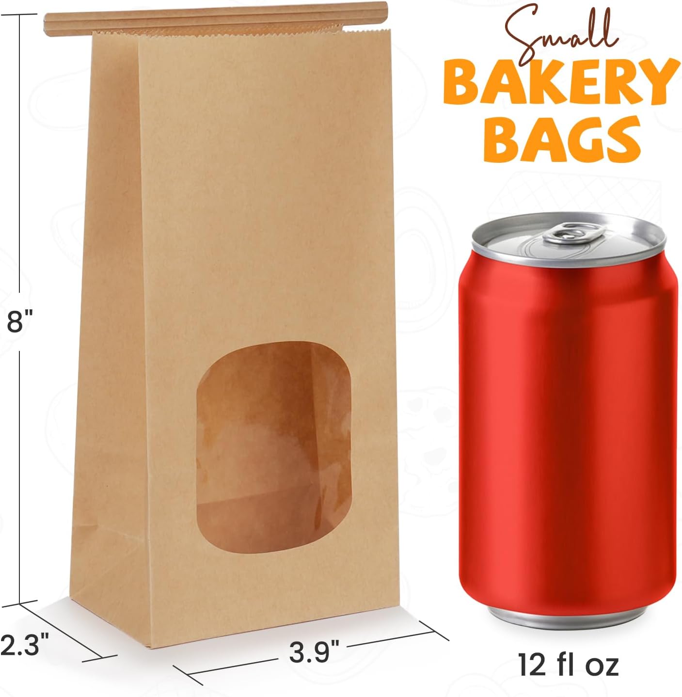 50 Pack Bakery Bags with Window, 3.9x2.3x8 Inches Tin Tie Tab Paper Cookie Bags Brown Small Gift Bag for Packaging Popcorn, Trail Mix, Treats, Snacks, Baked Goods, Party Favors | Grease Resistant, Resealable