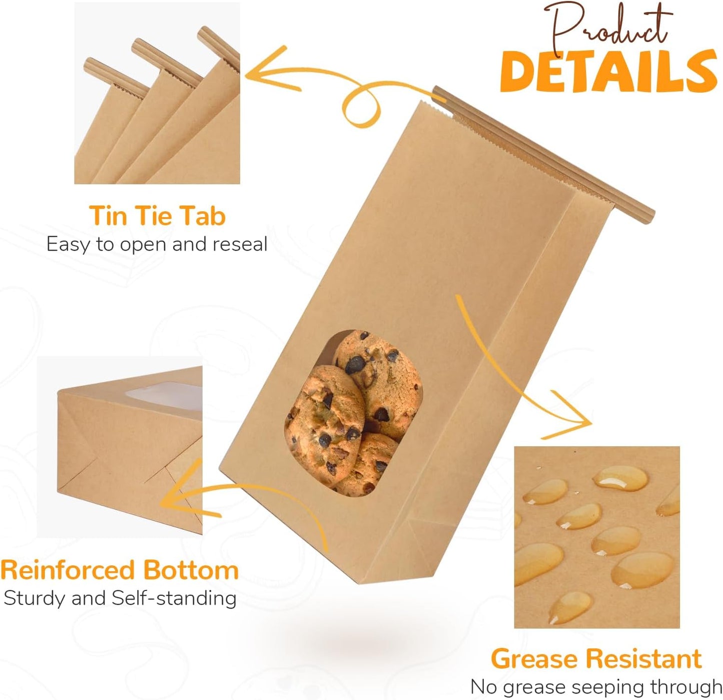 50 Pack Bakery Bags with Window, 3.9x2.3x8 Inches Tin Tie Tab Paper Cookie Bags Brown Small Gift Bag for Packaging Popcorn, Trail Mix, Treats, Snacks, Baked Goods, Party Favors | Grease Resistant, Resealable