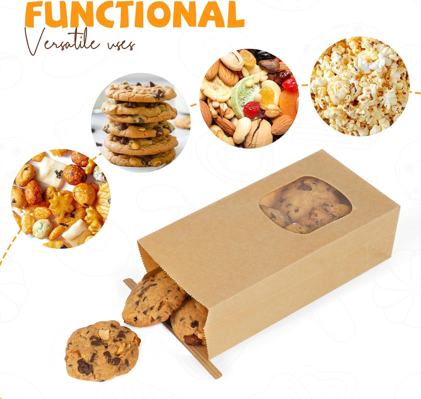 50 Pack Bakery Bags with Window, 3.9x2.3x8 Inches Tin Tie Tab Paper Cookie Bags Brown Small Gift Bag for Packaging Popcorn, Trail Mix, Treats, Snacks, Baked Goods, Party Favors | Grease Resistant, Resealable