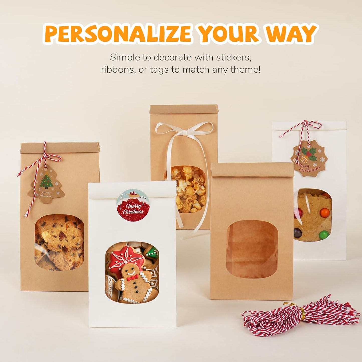 50 Pack Bakery Bags with Window, 3.9x2.3x8 Inches Tin Tie Tab Paper Cookie Bags Brown Small Gift Bag for Packaging Popcorn, Trail Mix, Treats, Snacks, Baked Goods, Party Favors | Grease Resistant, Resealable