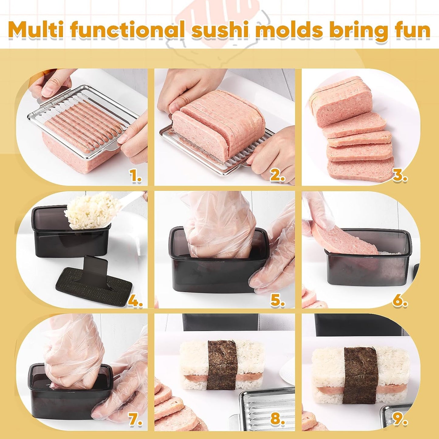 Mubi Press Mold Kit, 2 Pack Clear Mubi Maker with Stainless Steel 304 Luncheon Meat Slicer for SPAM