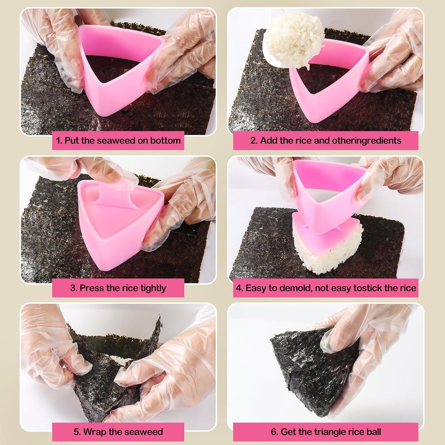 Mubi Press Mold Kit，Onigiri Mold Triangle，4 Pack Japanese Rice Cooker Kit for Lunch Bento