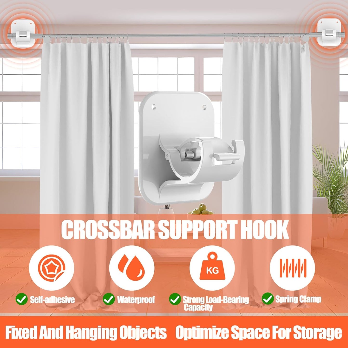 No Drill Curtain Rod Brackets No Drilling Holder 40LB - Renter Friendly Self Adhesive Hooks for Apartment Dorm Classroom Essentials Decor Hanging Drapes Rv Over Blinds Kitchen Bedroom Home