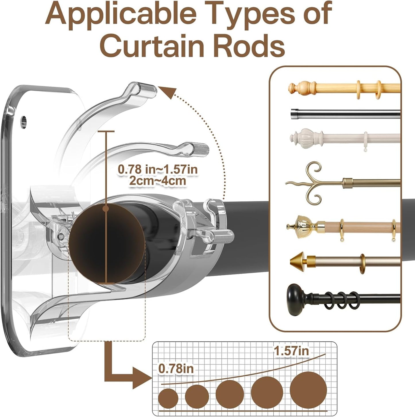 No Drill Curtain Rod Brackets No Drilling Holder 40LB - Renter Friendly Self Adhesive Hooks for Apartment Dorm Classroom Essentials Decor Hanging Drapes Rv Over Blinds Kitchen Bedroom Home