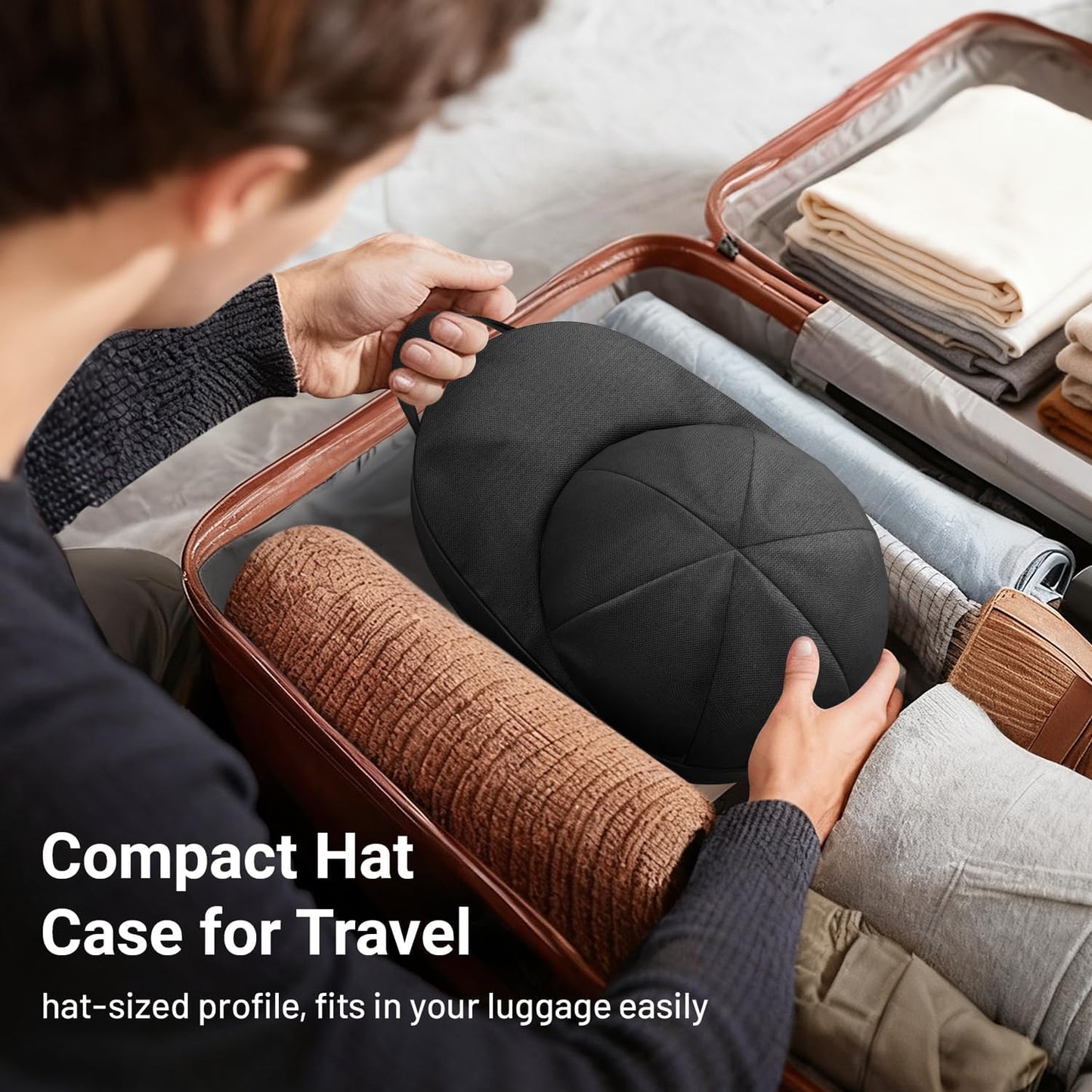 Hat Travel Case for Baseball Caps, Cap Carrier with Plastic Holder & Carrying Handle, Holds up to 6 Caps Hat Bag for Luggage, Suitcase (Black)