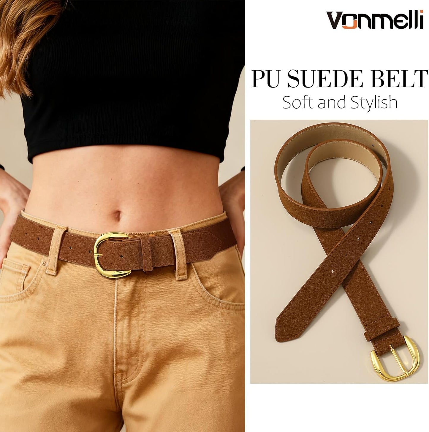 Women Suede Leather Belt for Jeans Dresses Ladies Waist Belt with Retro Gold Buckle