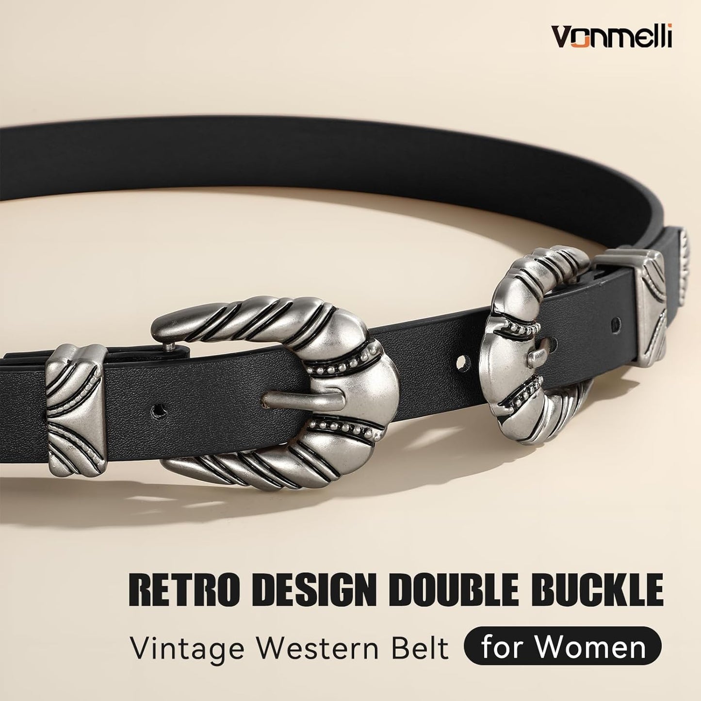 Western Leather Belts for Women Jeans Dress Cowgirl Thin Ladies Belt with Double Sliver Buckle