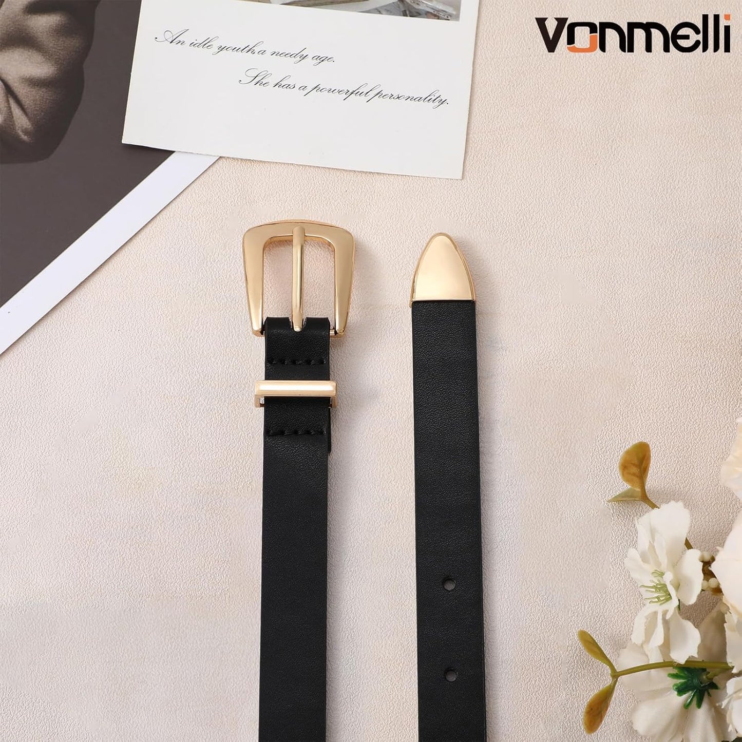 Women Skinny Leather Belt for Jeans Dress Black Thin Waist Belt Ladies Belt with Gold Buckle, M