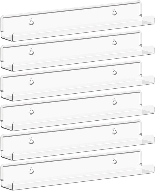 Narrow Floating Shelves for Vinyl Record 6 Pack, 12" Clear Wall Shelves for Nail Polish/Book/Picture/Makeup, Acrylic Wall Display Shelf Organizer for Bedroom, Living Room, Bathroom Decor