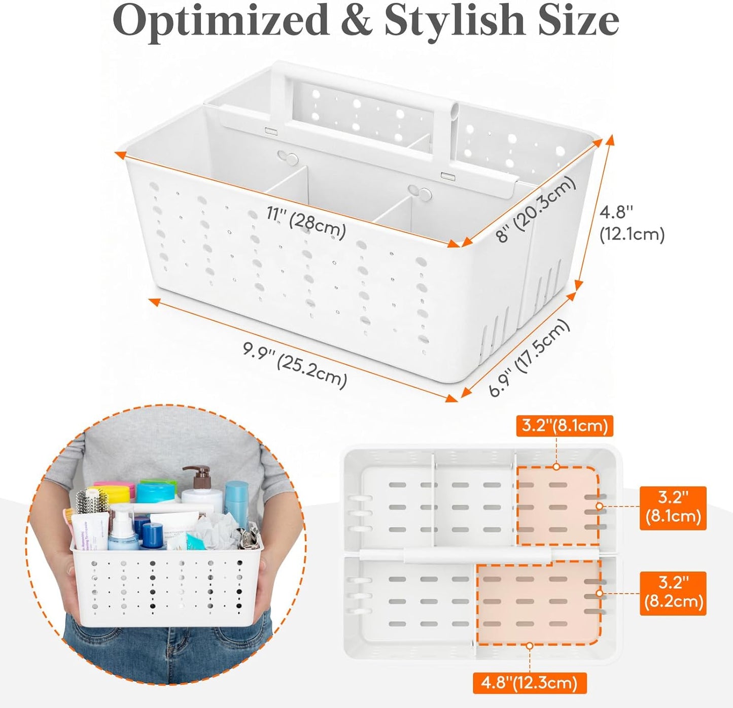 Shower Caddy Portable, Cleaning Supplies Caddy Organizer with Handle and Adjtable Dividers, Plastic Shower Basket for Dorm Room Essentials, College, Bathroom, White, 1 Pack