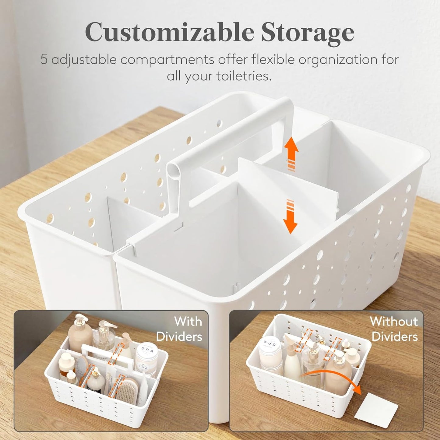 Shower Caddy Portable, Cleaning Supplies Caddy Organizer with Handle and Adjtable Dividers, Plastic Shower Basket for Dorm Room Essentials, College, Bathroom, White, 1 Pack