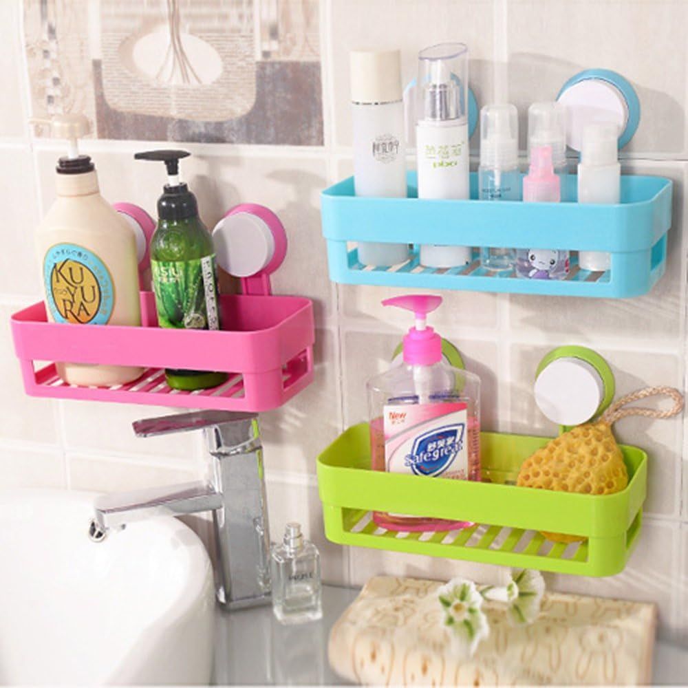 Plastic Organizer Rack for Bathroom Kitchen Storage Box Basket Organization W/Wall Mounted Suction Cup (Pink)