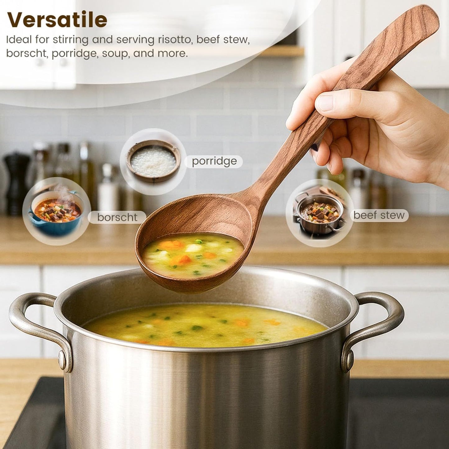 Wooden Ladle for Cooking, Wooden Soup Spoons, Natural Teak Wood Serving Spoon, 9'' Long Handle Scooper for Stirring Gravy Sauce Porridge, House Warming Gifts New Home