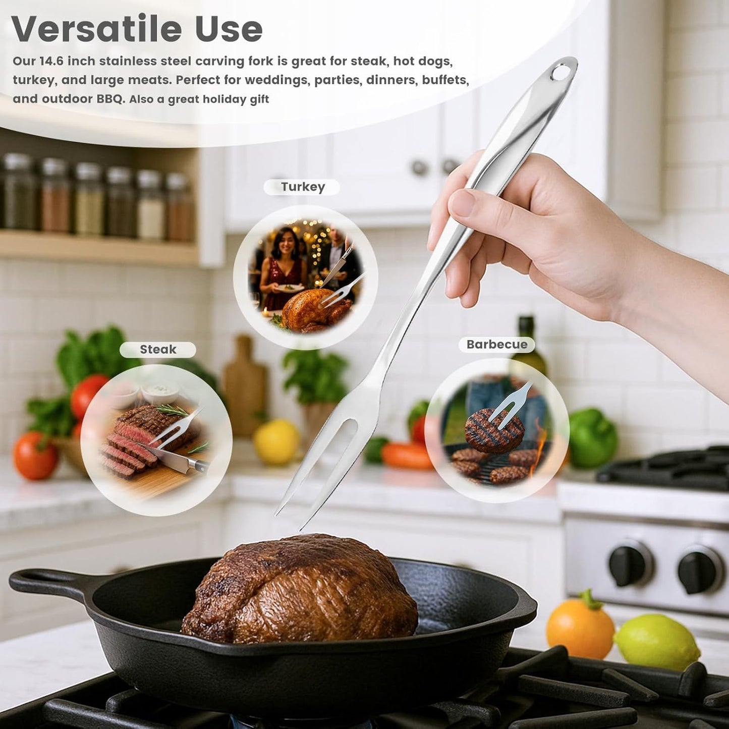14.6" Stainless Steel Carving Fork for Meat, 2-Prong Serving & Grilling Fork with Hanging Hole, Hollow Handle for Better Heat Reduction, Kitchen Utensil for Cooking & Serving