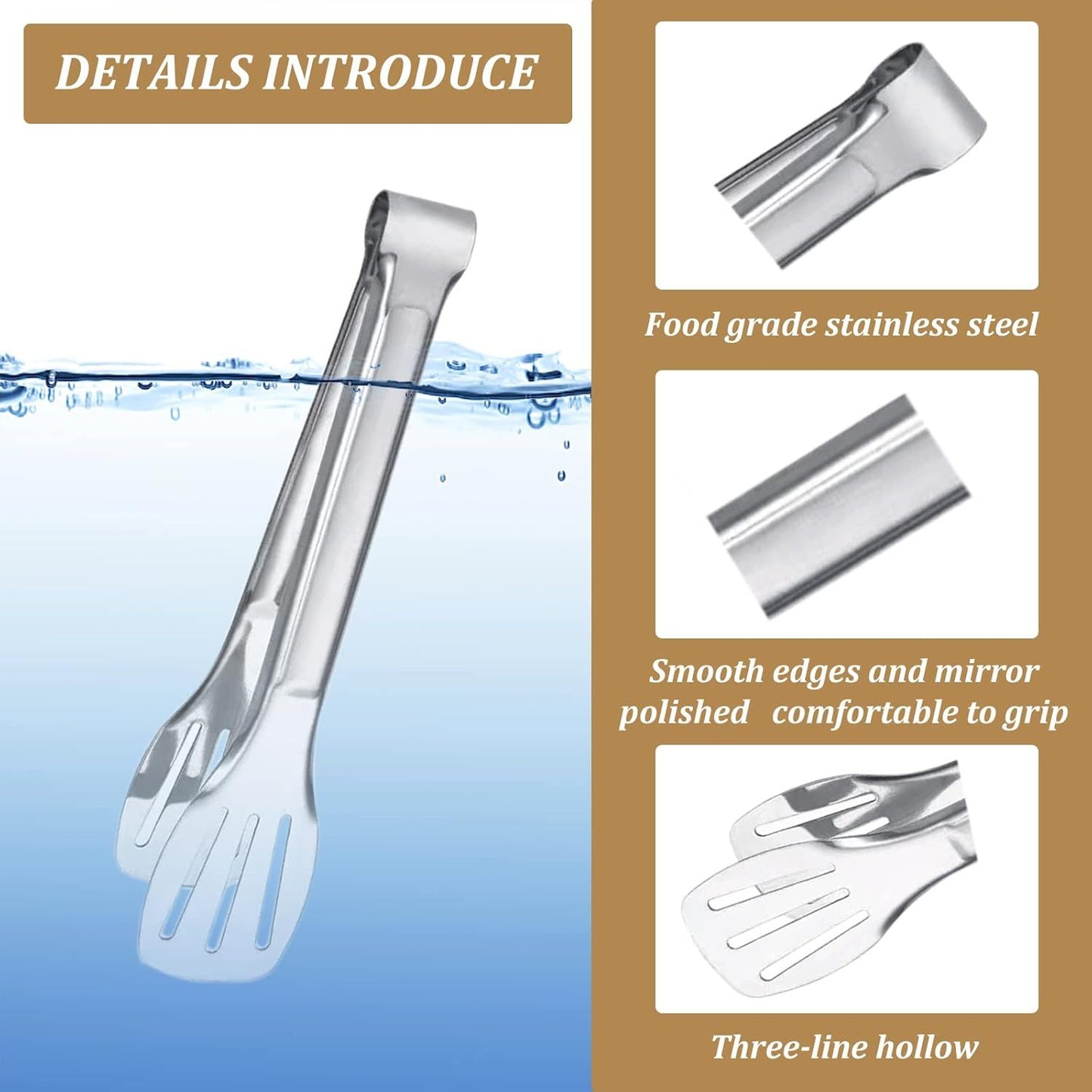 6PCS Serving Tongs, 7Inch Buffet Tongs, Stainless Steel Food Tong Small Serving Utensils for Cooking, Entertaining, Salad, Barbecue, Buffet, Toast and Steak by  (Stainless buffet tongs)