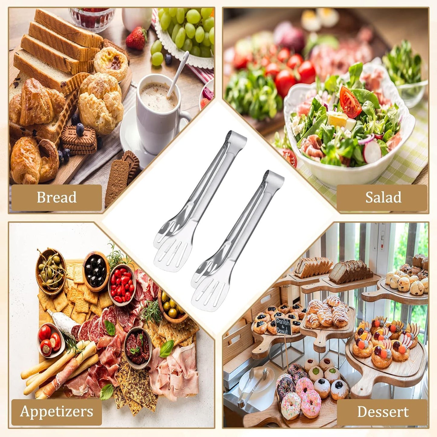 6PCS Serving Tongs, 7Inch Buffet Tongs, Stainless Steel Food Tong Small Serving Utensils for Cooking, Entertaining, Salad, Barbecue, Buffet, Toast and Steak by  (Stainless buffet tongs)
