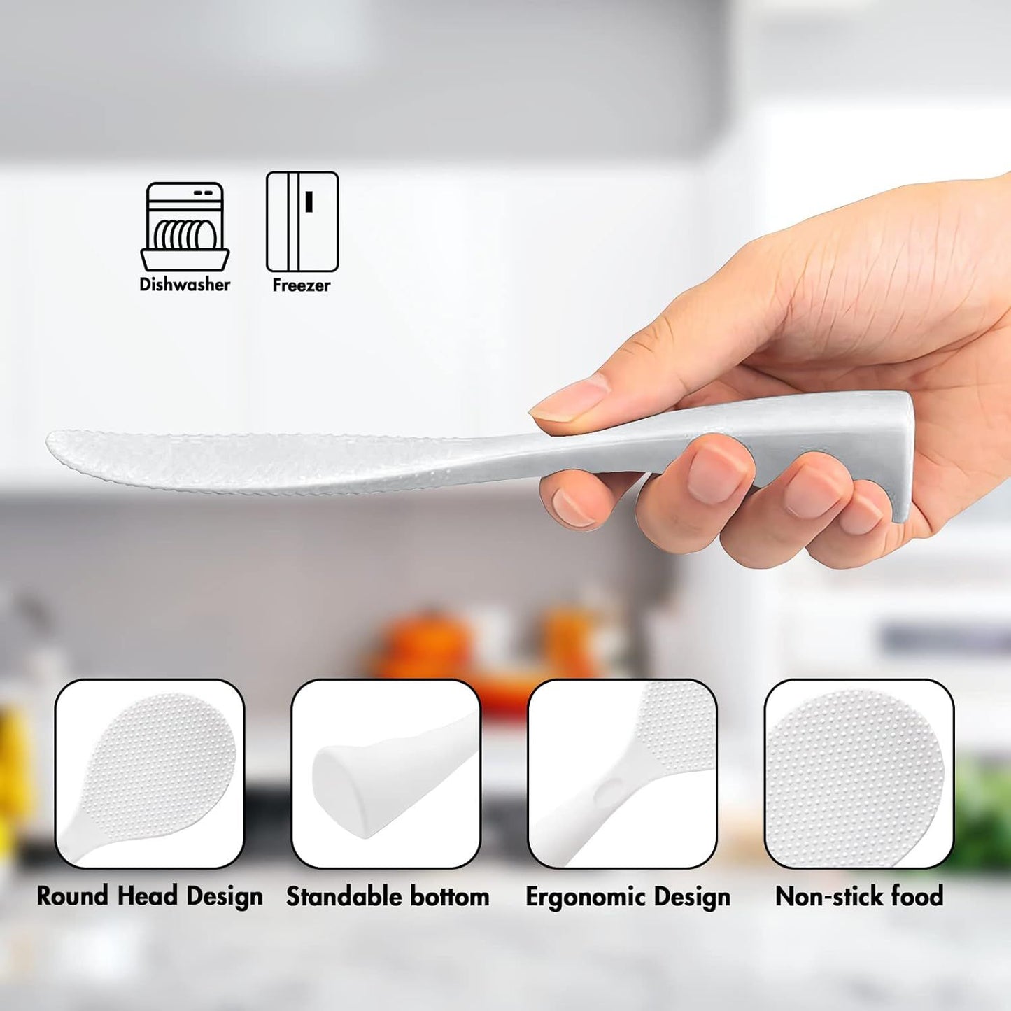 Silicone Standing Rice Spatula with Non-Stick Paddle, Heat Resistant Rice Cooker Spoon, Serving Spoon for Grains (White)