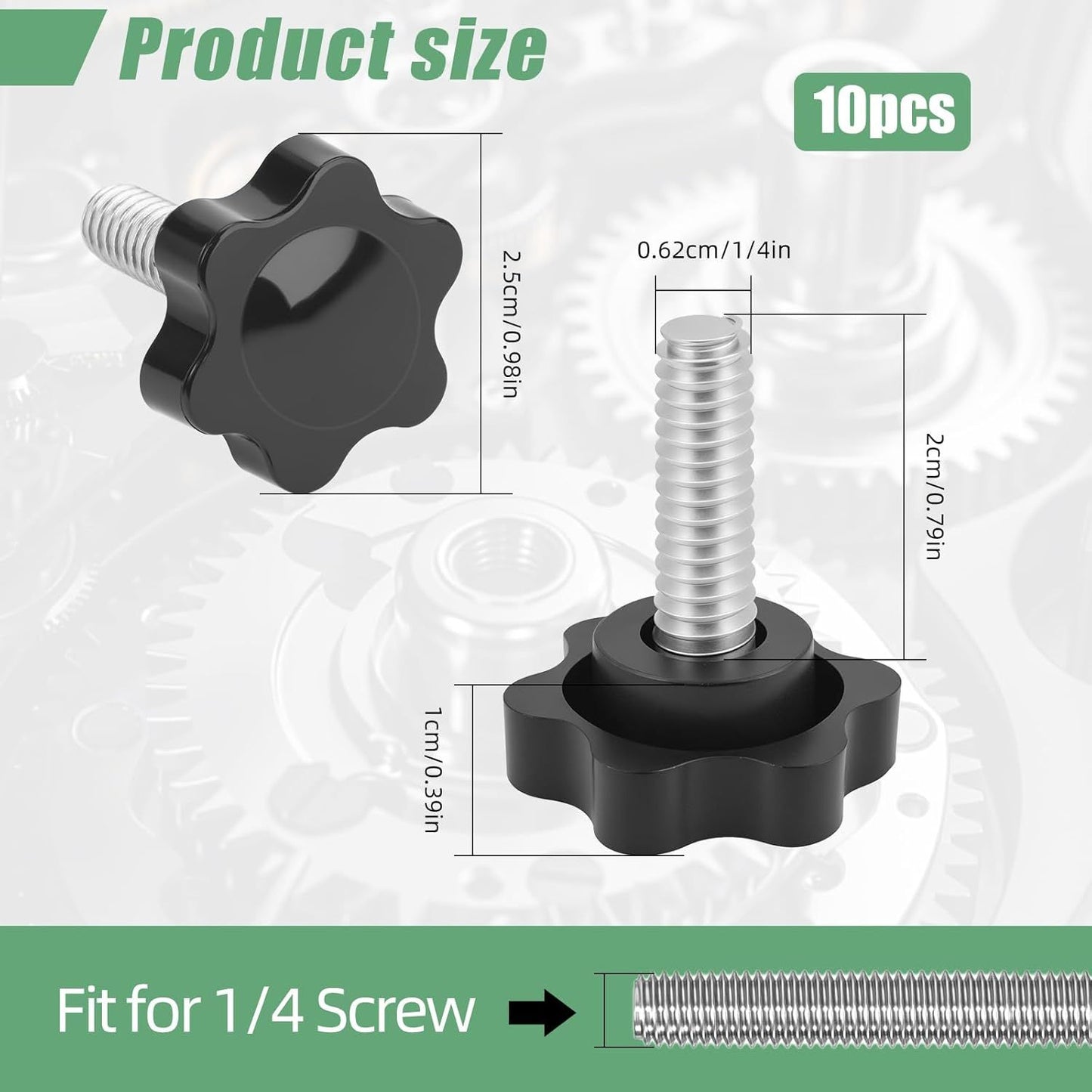 10PCS 1/4-20 Black Star Knobs, Threaded Knurled Thumb Nuts for Mechanical Instrument, Grip Knob Screw/Star Hand Knob for Umbrella Base Replacement, Female Threaded Hexagon Head Thru Knob