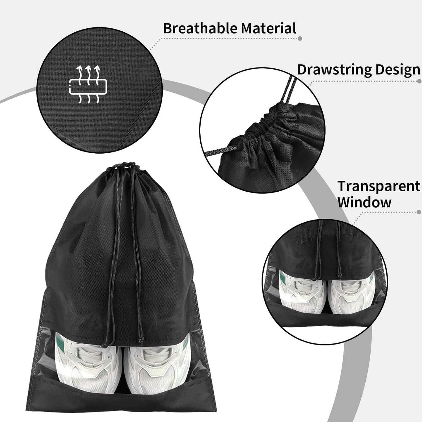 12 Pack Large Shoe Bags for Packing with Clear Window, Dustproof Drawstring Travel Shoe Storage Bags for Men & Women, Black