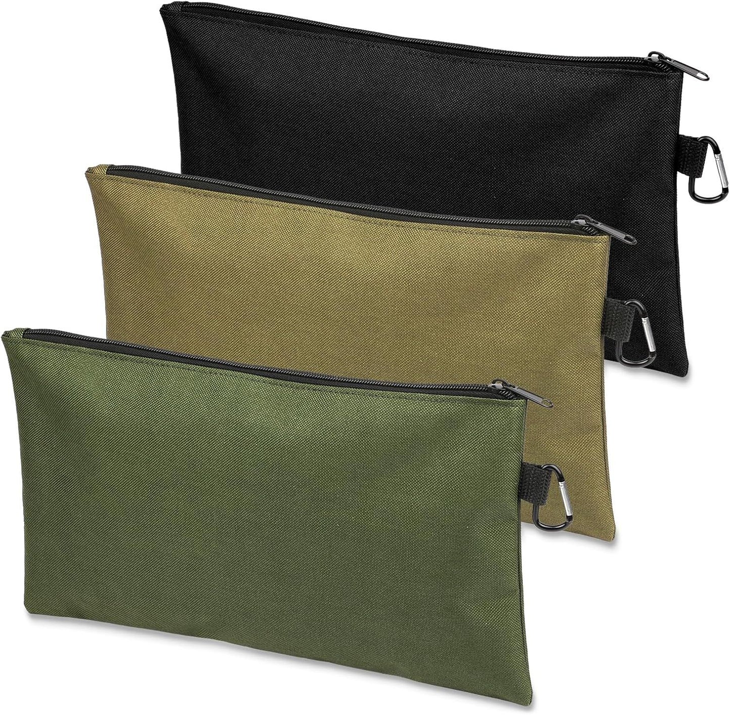 3 Pack Tool Bag Zipper Pouch, Premium Tool Pouch, Utility Multipurpose Storage Organizer Tool Pouches with Carabiner Metal Zipper for Tools, Stationary, Pencil Pouch (3 Pack, Tan, Navy Green, Black)