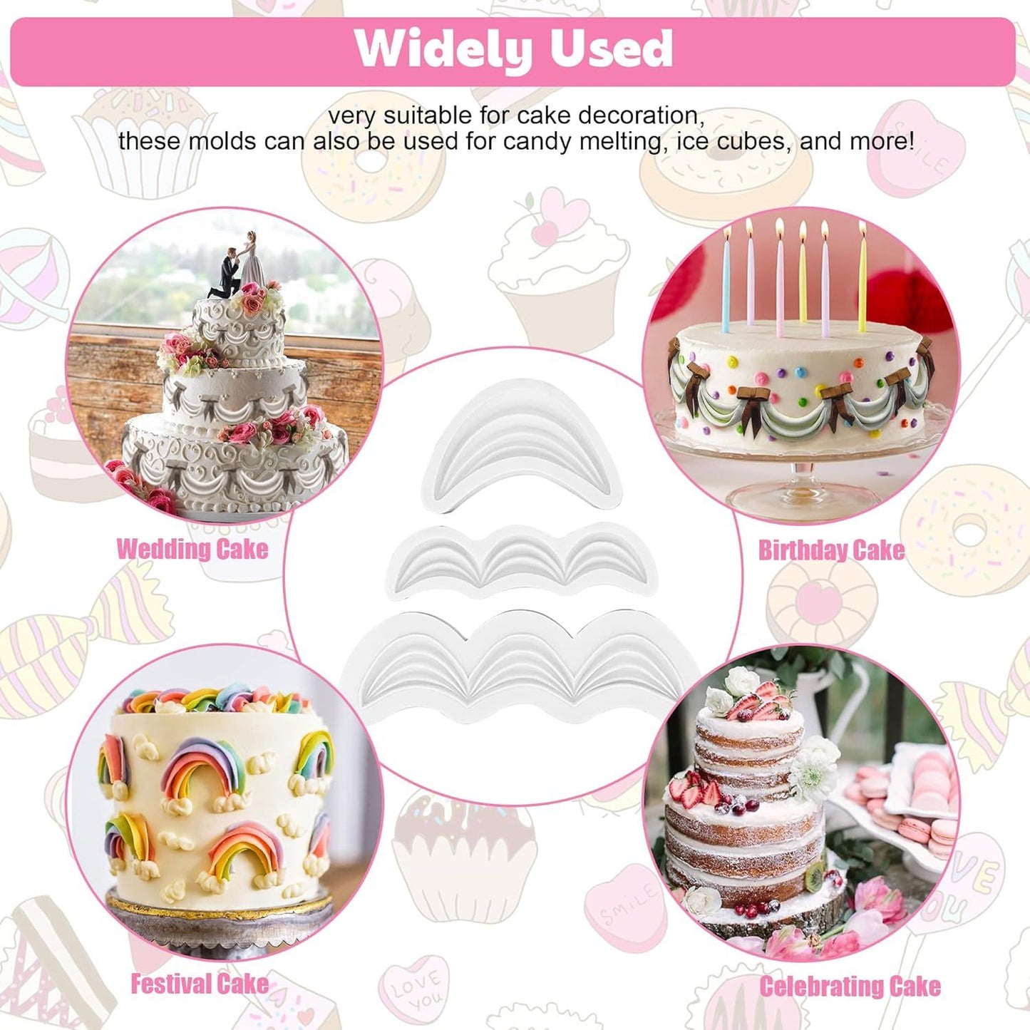 Fondant Swag Molds | Cake Border Draped Swag Silicone Mold | 3Pcs Set Wave-shaped Molds for Baking & Decorating | Safety Cake Mold for Fandant Candy Chocolate | Wedding Birthday Party Cake Decoration